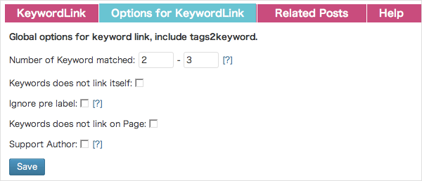 Option for KeywordLinkのセッティング画面
