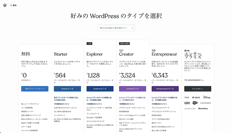 WordPress.comのプラン選択画面