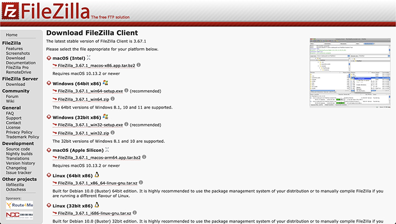 FileZillaのダウンロードページ