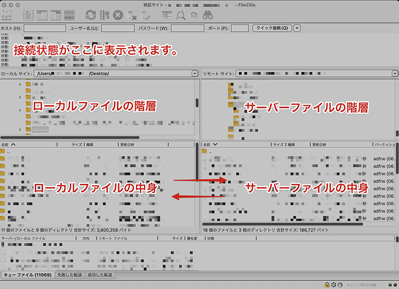 FileZillaのファイル転送画面