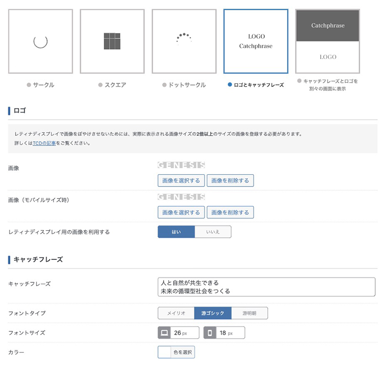 ロゴとキャッチフレーズを選択した際の設定こ項目