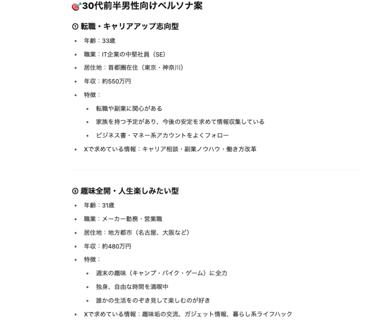 ChatGPTで生成したテーマなしのペルソナ