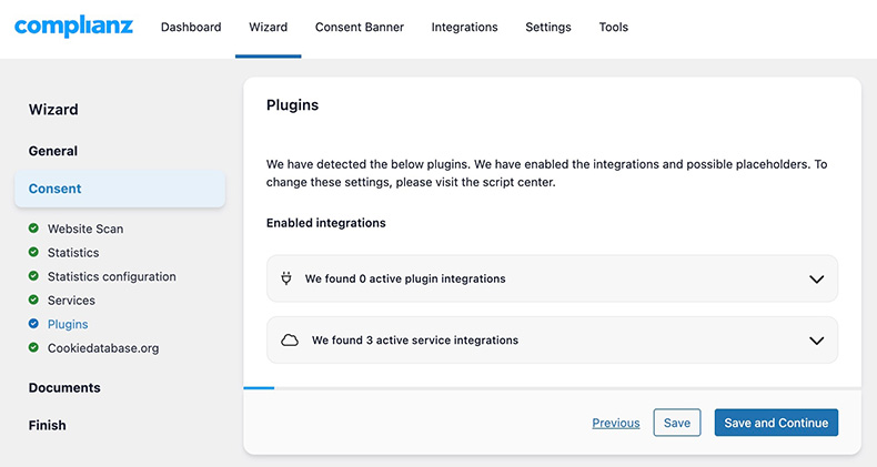 Complianzの設定画面（Plugins）
