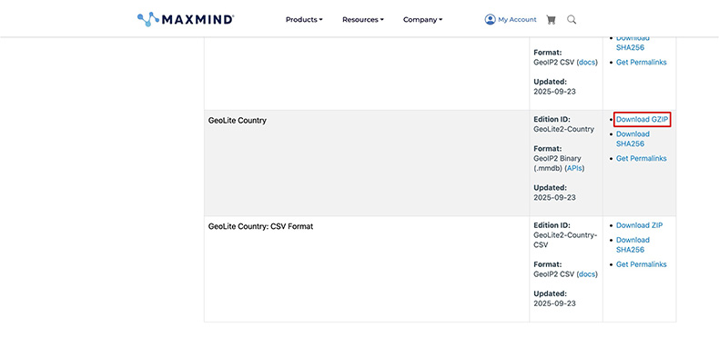 Geolocation IP Detectionでデータベースをダウンロードする箇所