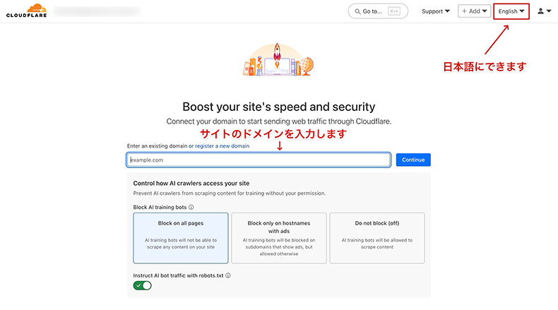 Cloudflareのダッシュボード