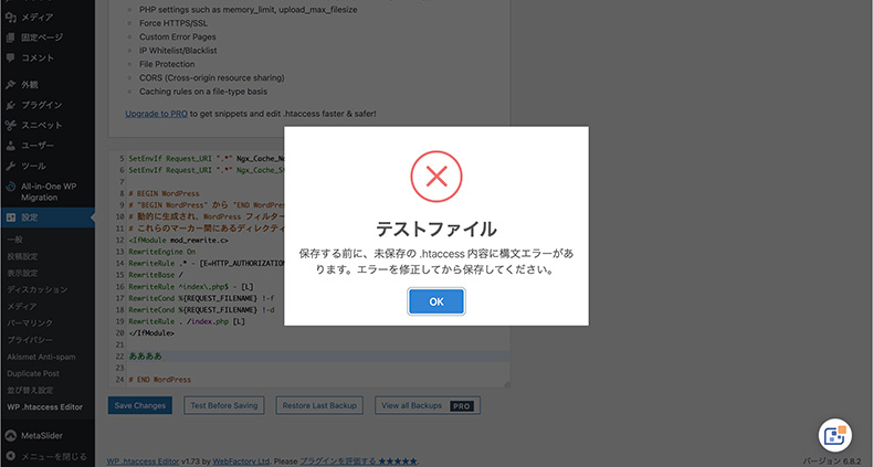 Htaccess File Editorでエラーを表示した例