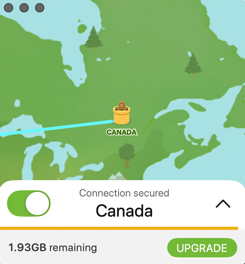 TunnelBearで接続完了した画面（Canada）