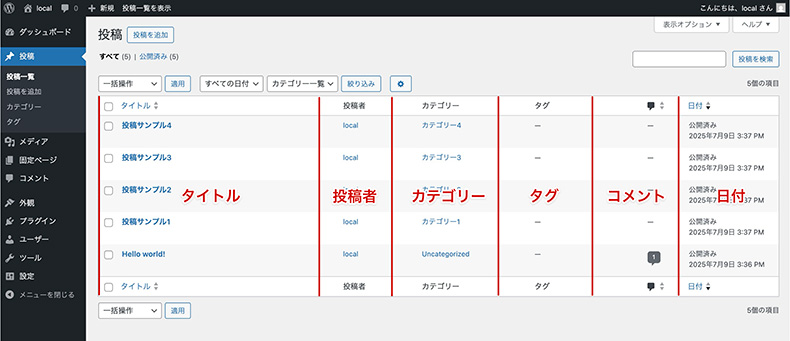 WordPressデフォルトの管理画面の列（カラム）