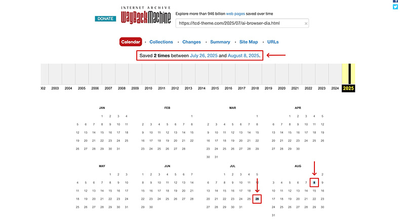 Wayback Machineでページが保存された日付