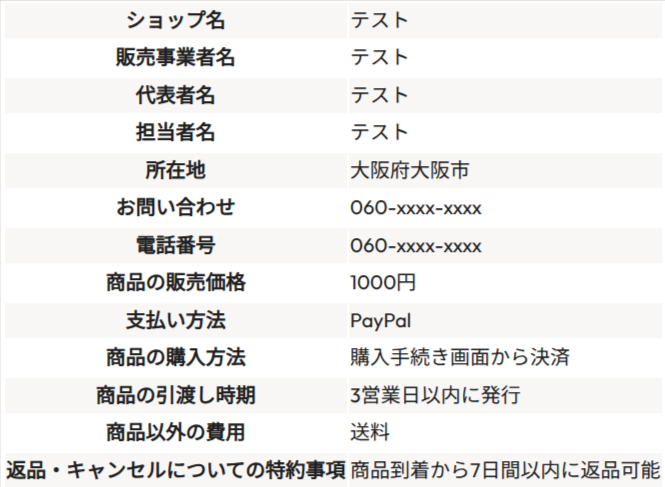 Japanized for WooCommerceでの特商法の表示内容