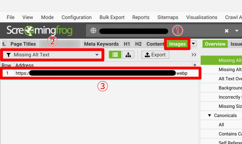 Screaming Frog SEO Spiderの画像のaltチェック