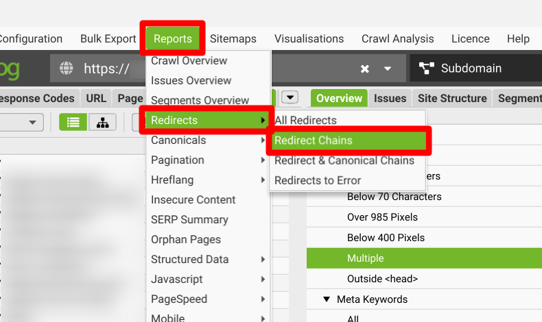 Screaming Frog SEO Spiderのリダイレクトの連鎖チェック1