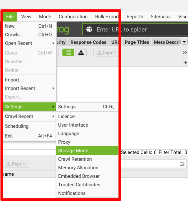 Screaming Frog SEO Spiderのストレージモード1