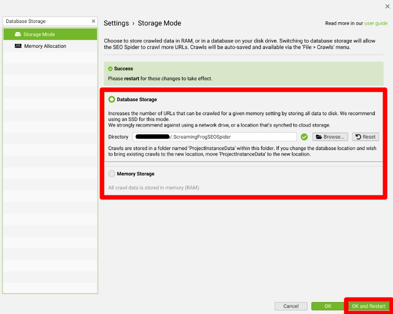 Screaming Frog SEO Spiderのストレージモード2