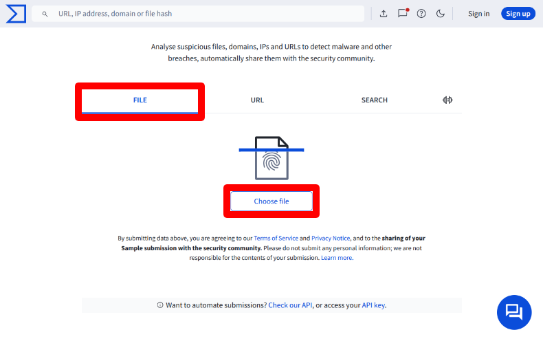 VirusTotalのファイルアップロード1