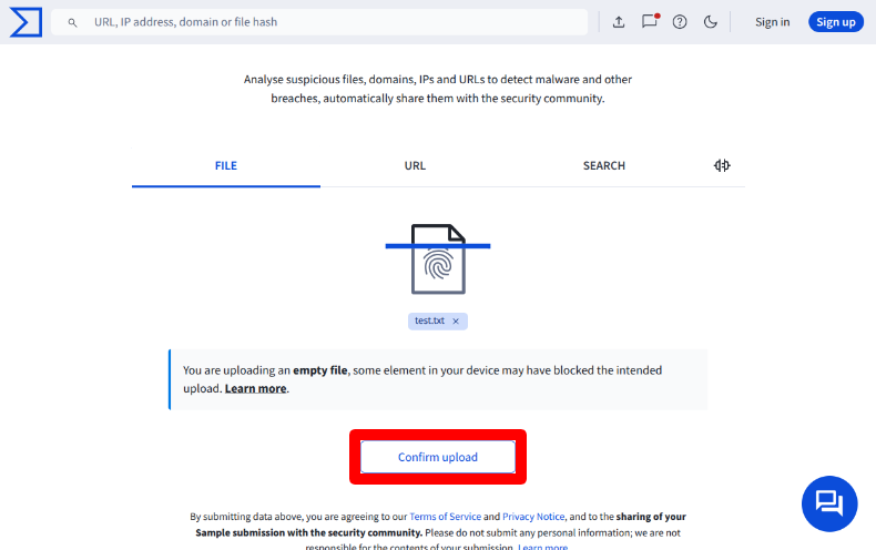 VirusTotalのファイルアップロード2