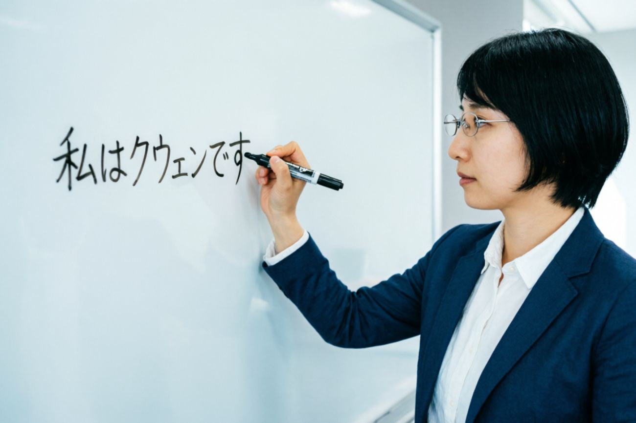 ホワイトボードに文字を書く女性の画像