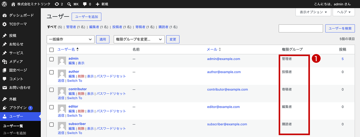 ユーザー一覧の権限グループ